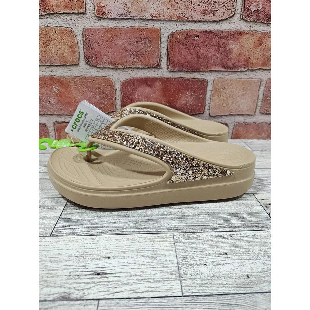 Crocs Sloane Glitter Women's Size 5 Beige Wedge Flip 207665-2J2 NWT